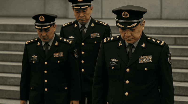 Altos mandos del Ejército Popular de Liberación durante una ceremonia oficial en Beijing, símbolo del control político dentro de las fuerzas armadas chinas.