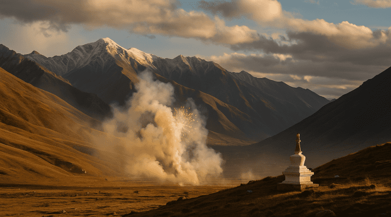 Vista panorámica del altiplano tibetano con montañas nevadas y cielo azul, simbolizando el impacto ambiental de un espectáculo de fuegos artificiales.