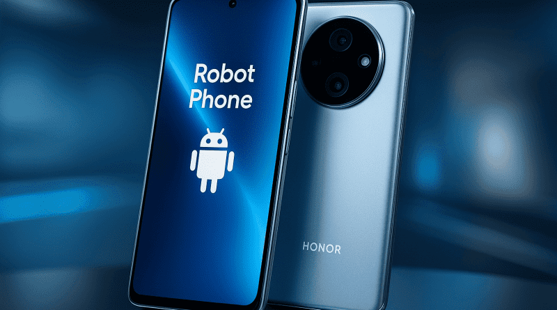 Fotografía realista que muestra el nuevo teléfono inteligente de Honor con diseño futurista, acompañado de luces y reflejos tecnológicos, simbolizando la integración de inteligencia artificial en dispositivos móviles.