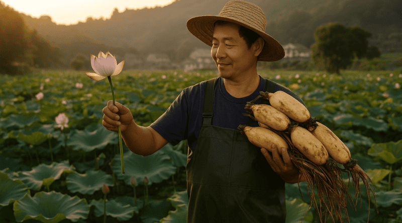 Agricultor chino trabaja en un estanque de loto en plena floración, recolectando raíces y flores utilizadas en la alimentación y medicina tradicional.