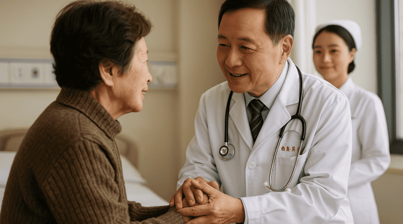 Un médico chino atiende con delicadeza a un paciente mayor en una clínica moderna, reflejando la empatía y dedicación del personal sanitario en China.