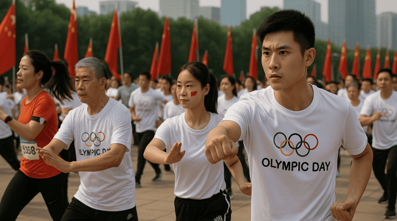 Participantes chinos realizan actividades físicas al aire libre durante la celebración del Día Olímpico en todo el país
