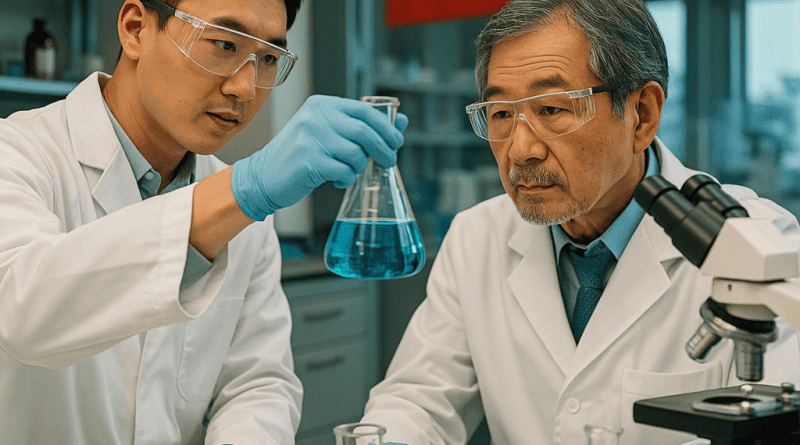Dos científicos asiáticos colaboran en un laboratorio de China, símbolo de cooperación científica internacional.
