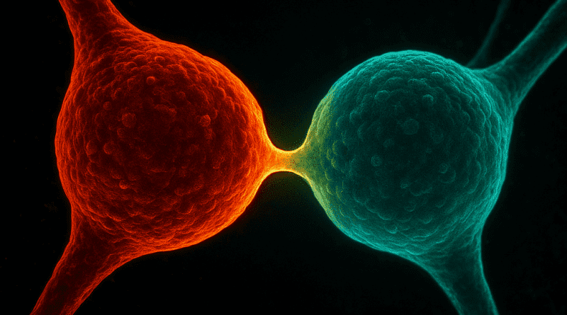 Vista microscópica de neuronas conectándose en un laboratorio chino, representando un avance en neurociencia.