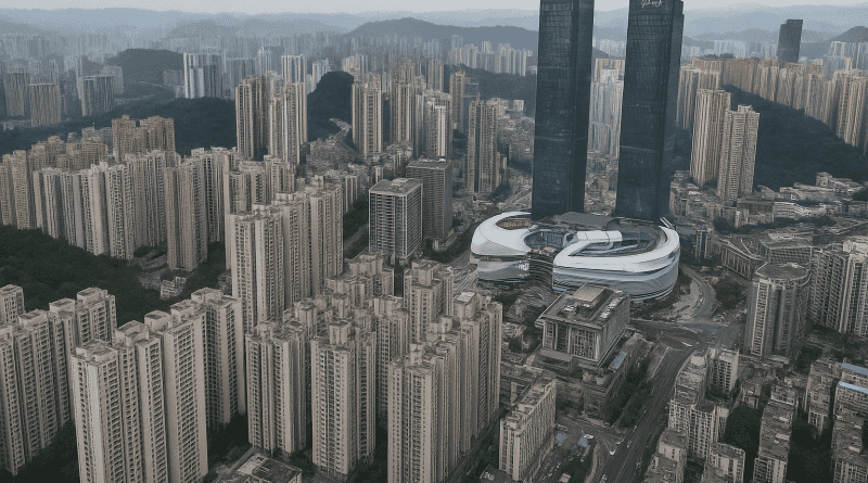 Vista aérea del distrito Huaguoyuan en Guiyang, con cientos de rascacielos residenciales rodeados de montañas verdes en el suroeste de China