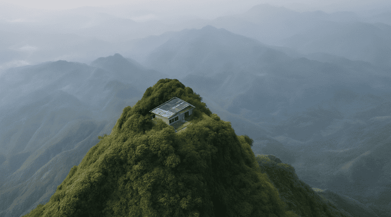 Vista aérea realista de una casa solitaria en la cima de una montaña en Guizhou, China, rodeada de bosque y niebla.