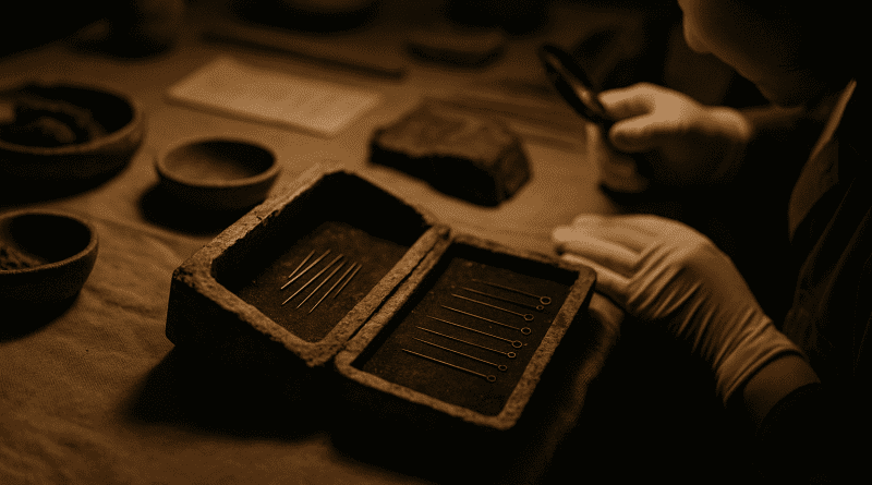 Arqueólogos chinos examinan antiguas agujas de acupuntura de acero halladas en una tumba del período de los Reinos Combatientes.