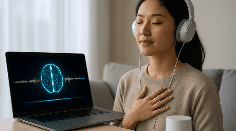 Una joven china con auriculares escucha música relajante mientras una interfaz digital proyecta ondas de sonido y algoritmos de inteligencia artificial en un entorno tranquilo.