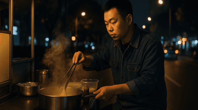 Joven chino preparando fideos en su carrito callejero al amanecer, símbolo de esfuerzo y resiliencia en la China moderna.