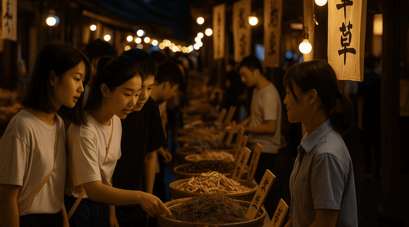 Mercado nocturno en China con jóvenes explorando puestos de medicina tradicional y remedios naturales.