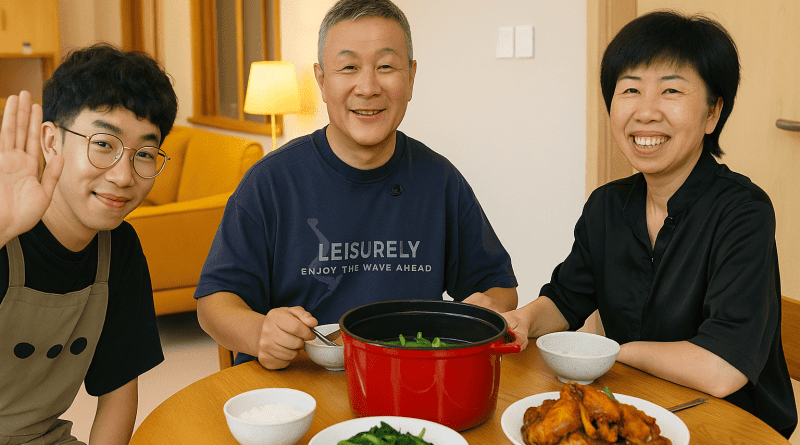 Familia china sentada alrededor de una mesa compartiendo una comida sencilla en casa, simbolizando el apoyo entre generaciones y nuevas formas de vida.