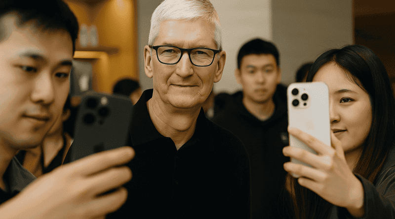 Tim Cook saluda a clientes en una Apple Store de China durante la presentación del iPhone Air.