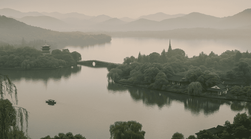 Vista panorámica del Lago del Oeste de Zhejiang al atardecer, con pagodas antiguas y barcas tradicionales navegando entre los reflejos dorados del agua.