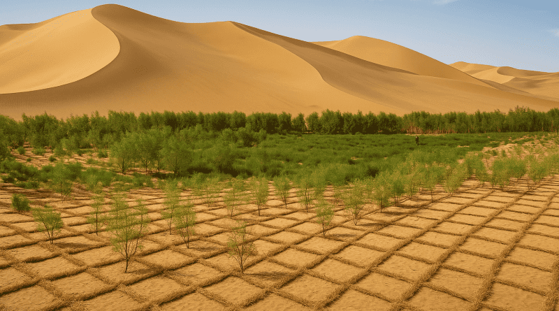 Imagen aérea del proyecto de reforestación en el desierto de Ningxia, donde China utiliza tableros de paja para detener la desertificación.