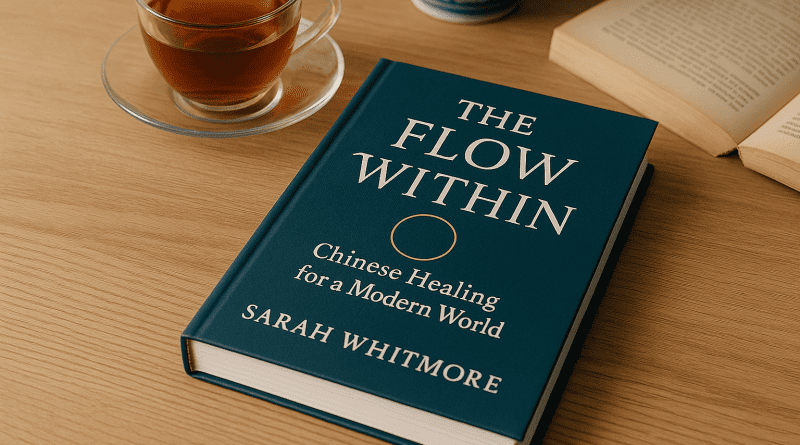 Un libro británico sobre medicina tradicional china exhibido sobre una mesa de madera con pinceles y elementos orientales