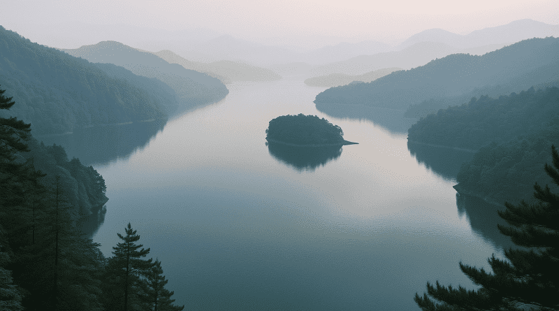 Vista panorámica del Lago del Oeste de Lushan con colinas cubiertas de niebla y reflejos suaves sobre el agua.