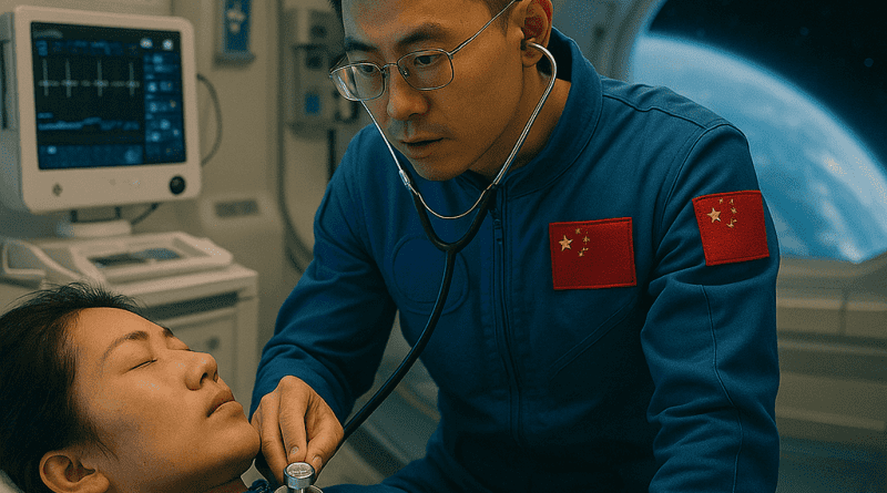 Astronautas chinos trabajando en el desarrollo del primer hospital espacial, un avance médico y tecnológico en el programa espacial de China.