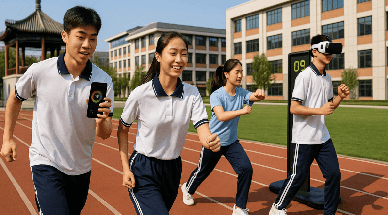 Students in a Chinese school practicing martial arts with smart fitness devices on a sports field