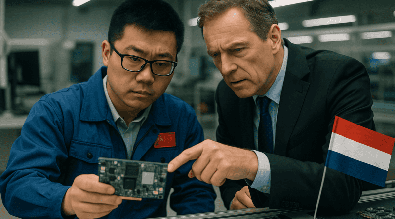 Ejecutivos revisando un chip semiconductor en una mesa de negociación, simbolizando el conflicto entre China y los Países Bajos por el control de Nexperia.
