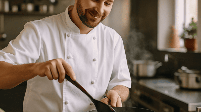 Chef canadiense preparando platos saludables en un restaurante de Nanning, China, combinando técnicas occidentales y sabores locales.