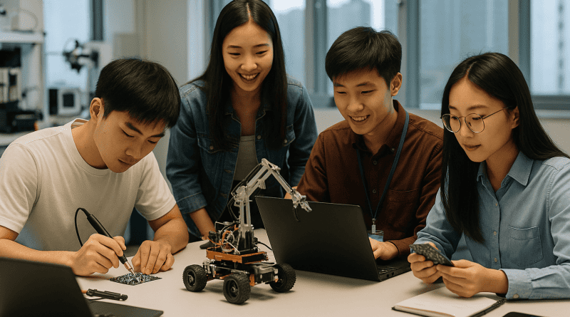 Jóvenes inventores chinos presentan sus proyectos tecnológicos en un centro de innovación de Pekín.