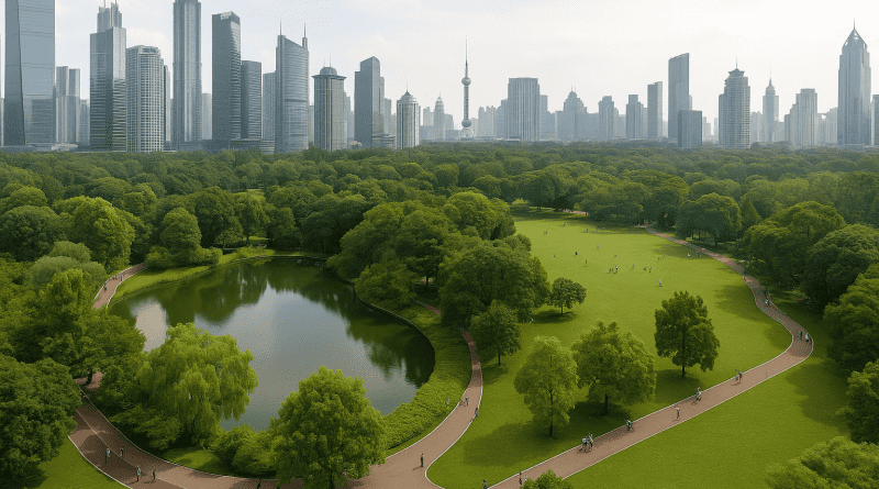 Vista panorámica de un parque urbano en Shanghái con senderos, árboles frondosos y personas disfrutando de actividades al aire libre.