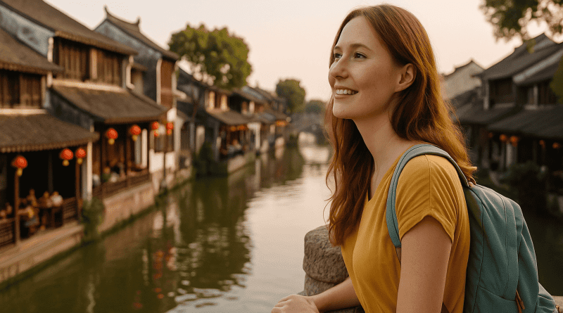 Una joven extranjera sonríe mientras camina por una calle tradicional china, rodeada de faroles rojos y tiendas antiguas.