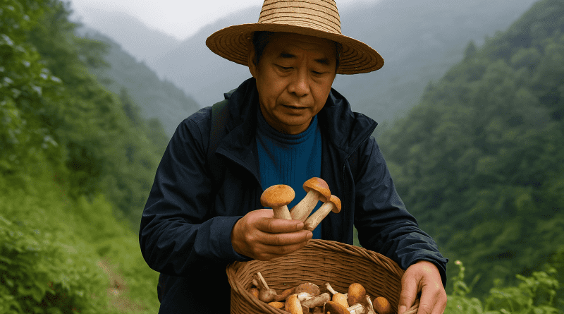 Turistas chinos disfrutan del verano en Yunnan mientras recolectan setas silvestres en un bosque húmedo del suroeste de China.