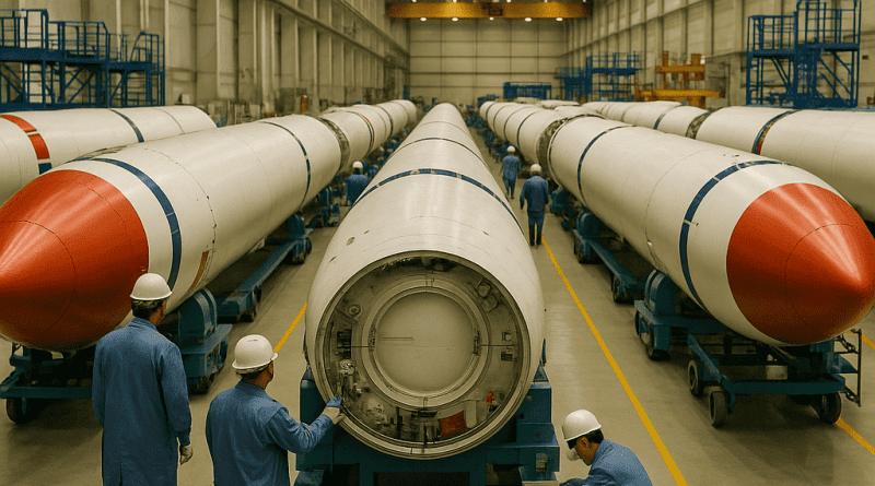 Ingenieros ensamblan cohetes en una fábrica aeroespacial moderna en China.