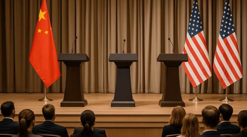 Cumbre internacional entre China y Estados Unidos en Busán, con un podio vacío que simboliza la ausencia de Taiwán durante el encuentro diplomático.