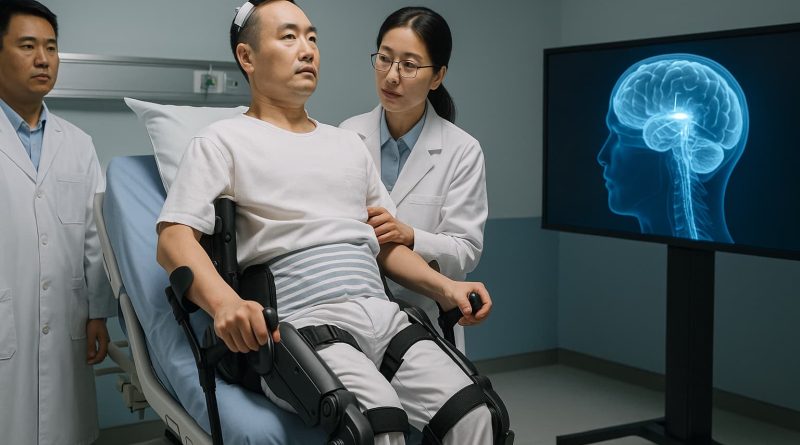 Doctores chinos trabajan en un implante cerebral-espinal China dentro de un laboratorio de neurotecnología avanzada.