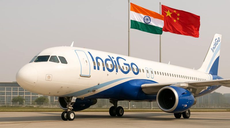 Avión de IndiGo con las banderas de China e India simbolizando la reanudación de vuelos directos tras cinco años