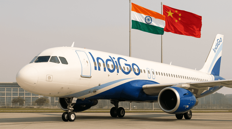 Avión de IndiGo con las banderas de China e India simbolizando la reanudación de vuelos directos tras cinco años
