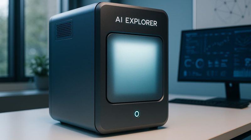 Servidor de inteligencia artificial compacto tipo mini refrigerador sobre un escritorio moderno en China