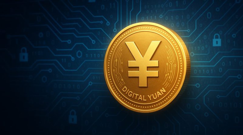 China criptomonedas sanciones financieras - yuan digital flotando en espacio blockchain con elementos cripto