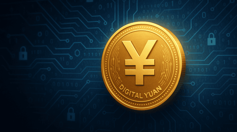 Moneda digital del yuan chino sobre un fondo azul con circuitos y símbolos de blockchain