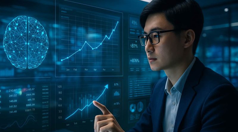 Analista de Alibaba Cloud utiliza IA Qwen3-Max en entorno financiero.