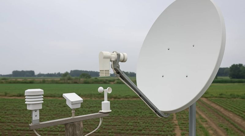 Antena satelital china conectada a dispositivos IoT en zona rural.