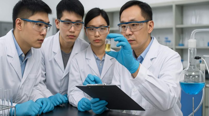 Científicos chinos trabajando en un laboratorio mientras investigan un catalizador para convertir carbón en plástico, parte del avance “plástico carbón China”.