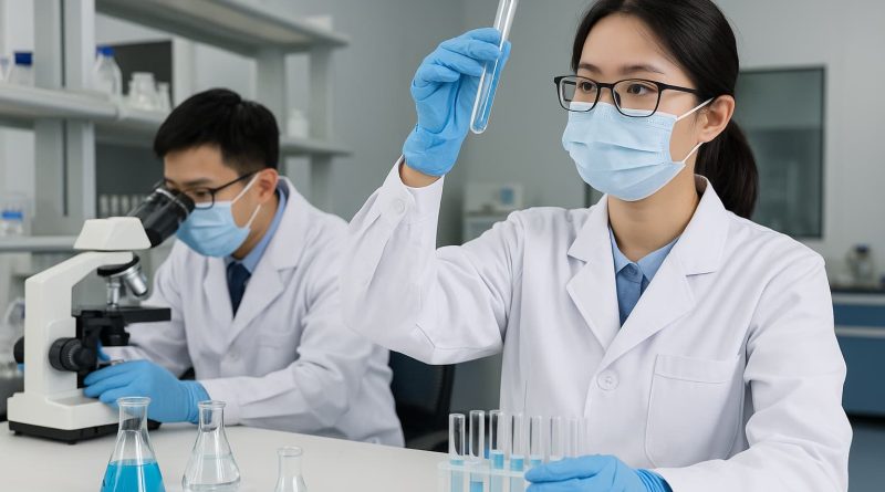 Investigadores chinos trabajan en laboratorio avanzado de investigación médica.