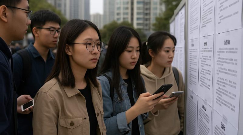 Jóvenes chinos revisan oportunidades de empleo en un centro urbano.