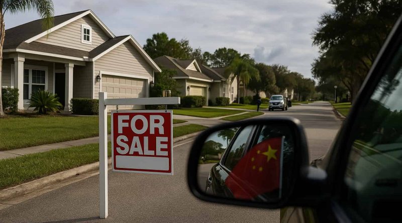 Prohibición Florida propiedades chinos - casa con cartel For Sale y bandera china reflejada