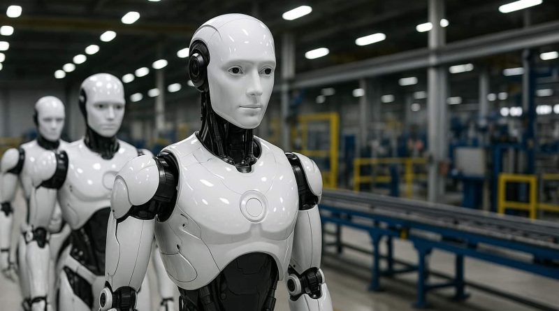 Robots humanoides de UBTech en una línea de producción industrial.