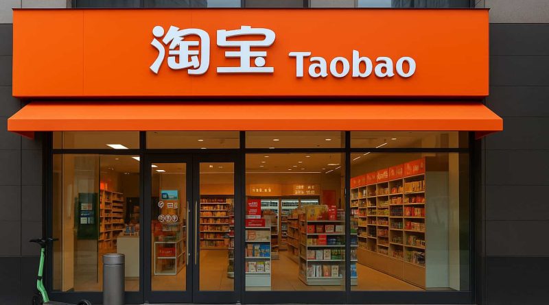 Tienda Taobao moderna en China con repartidores y empleados preparando pedidos de comercio instantáneo