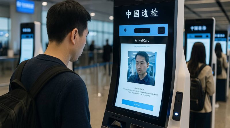 China elimina tarjeta llegada - viajero usando kiosco digital aeropuerto Beijing Shanghai