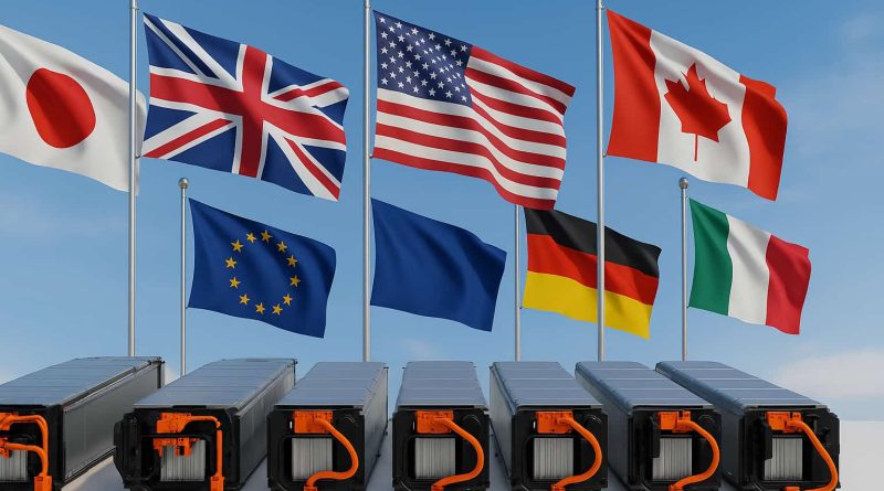 Banderas del G7 ondeando junto a módulos de baterías, simbolizando la alianza en minerales críticos frente a China.