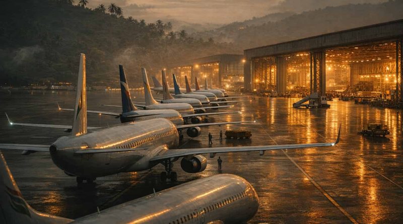 Aviones comerciales estacionados en hangares de mantenimiento en Hainan.