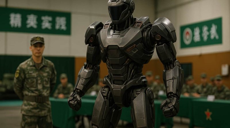 China presenta un robot de combate controlado por movimiento durante un evento internacional.