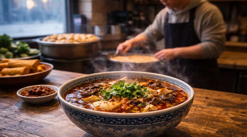 Cliente sosteniendo un cuenco de hu la tang en una tienda cerca de King’s Cross, Londres.