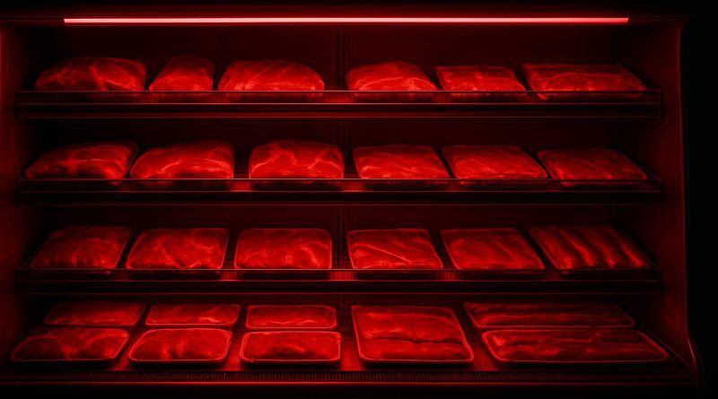 Comercios en China siguen usando luces que alteran el color real de alimentos frescos.